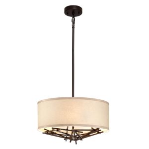 Taiko contemporary 3 light pendant in olde bronze with oatmeal linen shade full height
