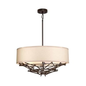 Taiko contemporary 4 light pendant in olde bronze with oatmeal linen shade full height