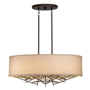 Taiko contemporary 5 light oval pendant in olde bronze with oatmeal linen shade full height