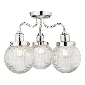 Tamara 3 arm bathroom semi flush light in chrome with ribbed glass shades on white background