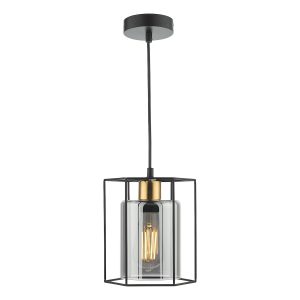 Dar Tatum 1 light ceiling pendant in matt black finish with smoked glass shade on white background