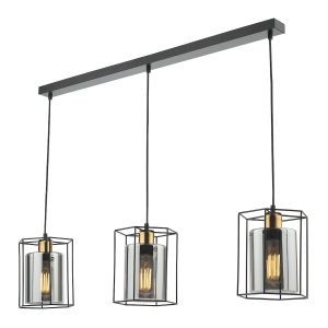 Dar Tatum 3 light bar pendant in matt black with smoked glass shades on white background