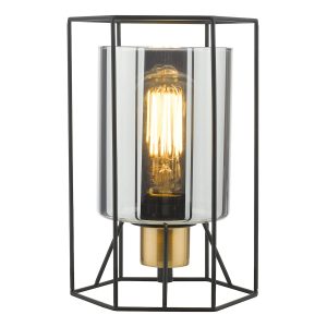 Dar Tatum 1 light modern table lamp in matt black with smoked glass shade on white background