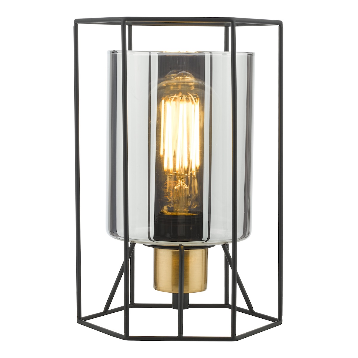 Dar Tatum 1 Light Modern Table Lamp Matt Black Smoked Glass