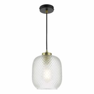 Tehya 1 light pendant in matt black with textured glass shade on white background lit