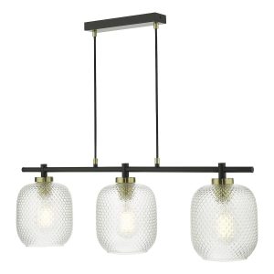Tehya 3 light bar pendant in matt black with textured glass shades on white background lit
