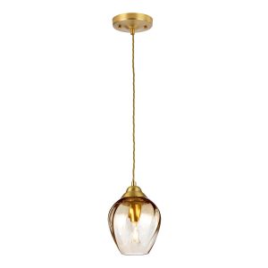 Tiber elegant 1 light amber glass pendant ceiling light in brushed brass main image