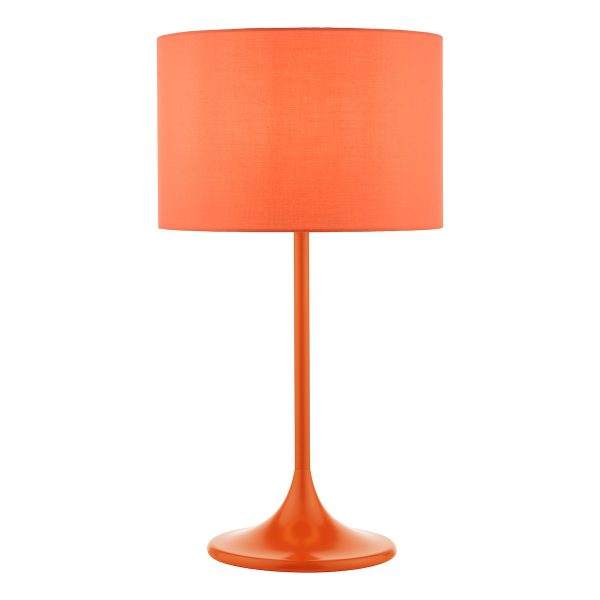 Dar Toledo retro style table lamp with shade in satin orange on white background lit