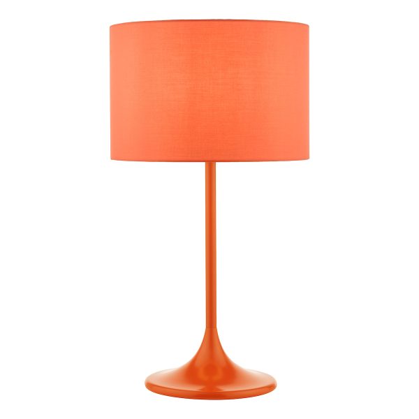 Dar Toledo retro style table lamp with shade in satin orange on white background lit
