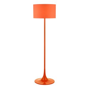Toledo retro style floor lamp with shade in satin orange on white background lit
