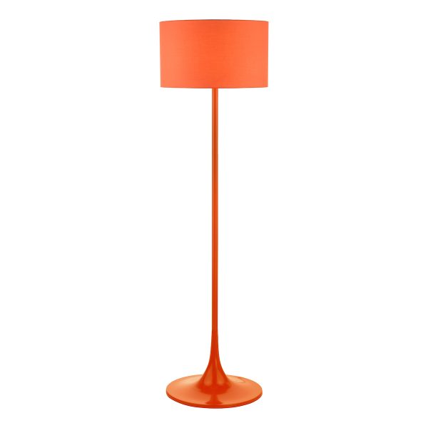 Toledo retro style floor lamp with shade in satin orange on white background lit