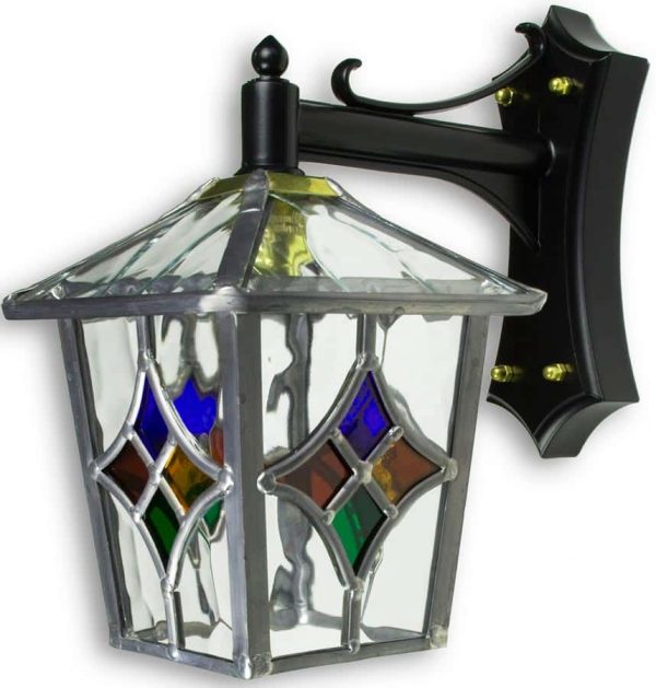 Torquay Multi Coloured Motif Leaded Glass Outdoor Wall Lantern Down