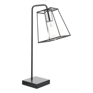 Tower matt black 1 light industrial table lamp with polished chrome detail on white background lit
