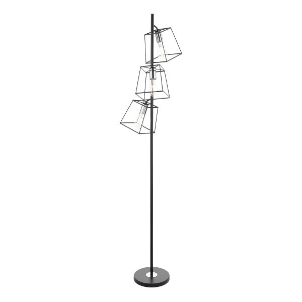 Tower matt black 3 light cluster floor lamp with polished chrome detail on white background lit