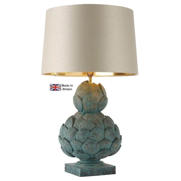 Umbra 1 light artichoke table lamp base only in verdigris on white background lit