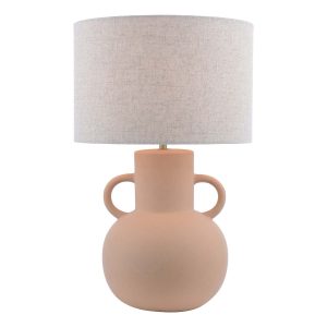 Urn terracotta table lamp with natural linen shade on white background