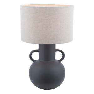 Urn black terracotta table lamp with natural linen shade on white background