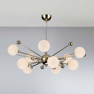 Ursa modern 10 light ceiling pendant in polished gold with opal glass globe shades shown lit