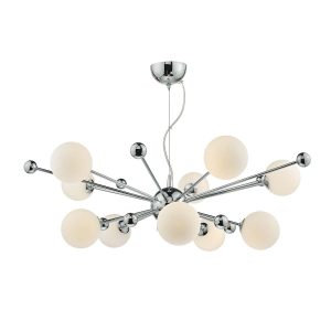 Ursa modern 10 light ceiling pendant in polished chrome with opal glass globe shades on white background