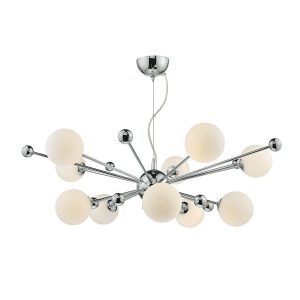 Ursa modern 10 light ceiling pendant in polished chrome with opal glass globe shades on white background