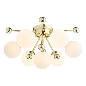 Ursa 7 lamp flush ceiling light in polished gold with opal glass globe shades on white background