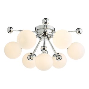 Ursa 7 lamp flush ceiling light in polished chrome with opal glass globe shades on white background