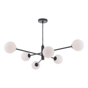 Vignette modern 6 light pendant in matt black with opal glass shades on white background lit