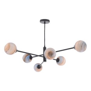 Vignette modern 6 light pendant in matt black with planet glass shades on white background