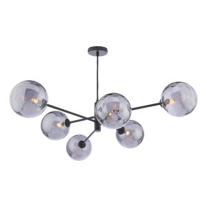 Vignette modern 6 light pendant in matt black with smoked glass shades on white background