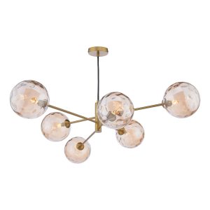 Vignette 6 light pendant in aged brass with dimpled champagne glass shades on white background