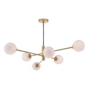 Vignette 6 light pendant in aged brass with white confetti glass shades on white background