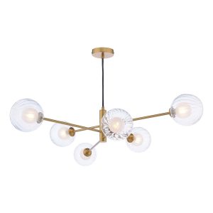 Vignette 6 light pendant in aged brass with clear and opal glass shades on white background