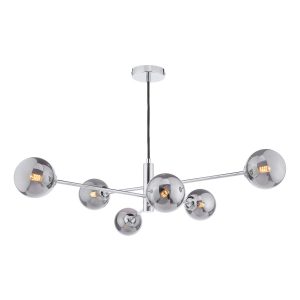 Vignette modern 6 light pendant in polished chrome with smoked glass shades on white background