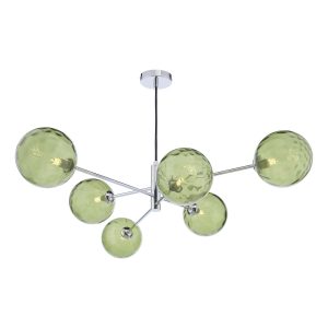 Vignette modern 6 light pendant in polished chrome with dimpled green glass shades on white background