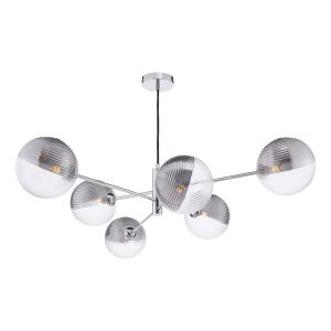Vignette modern 6 light pendant in polished chrome with ribbed glass shades on white background