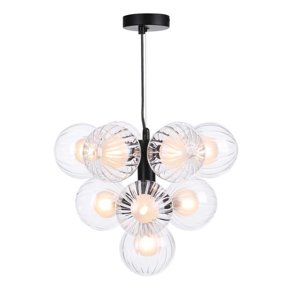 Vine 10 light pendant in satin black with clear and opal white duplex glass shades on white background