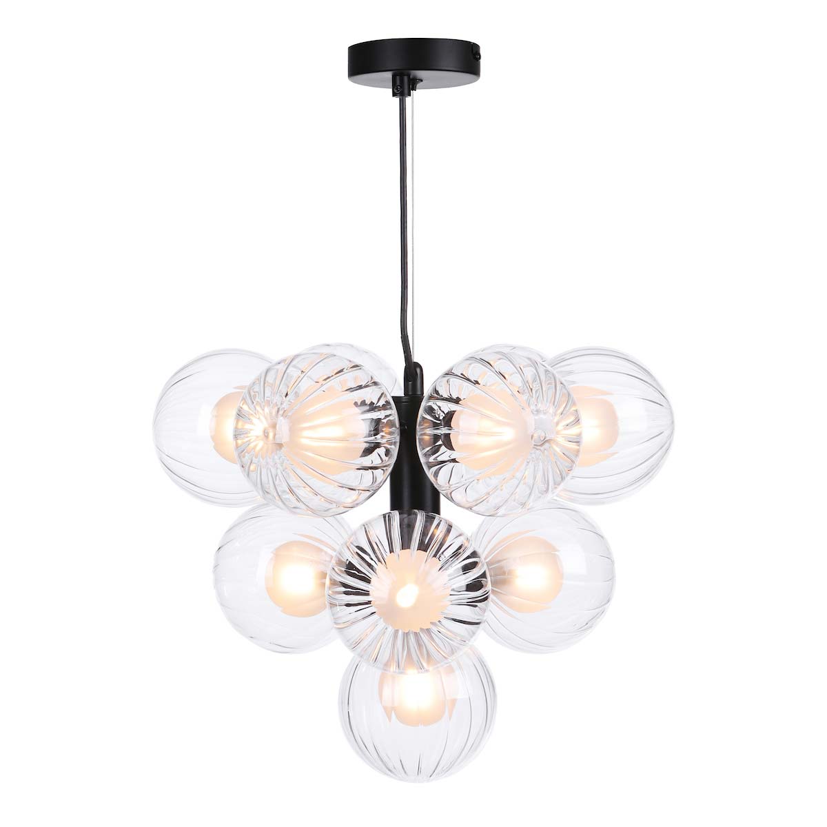 Vine 10 light pendant in satin black with clear and opal white duplex glass shades on white background