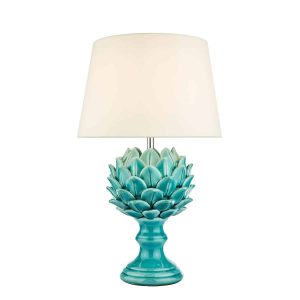 Violetta ceramic artichoke table lamp with teal glaze and white shade on white background lit