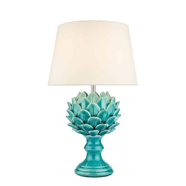 Violetta Ceramic Artichoke Table Lamp Teal Glaze White Shade
