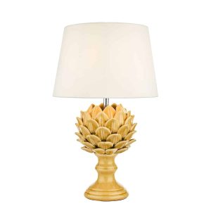 Violetta ceramic artichoke table lamp with yellow glaze and ecru shade on white background lit