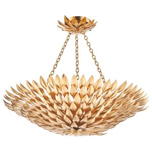 Volcano 5 light ceiling pendant in decorative gold leaf on white background