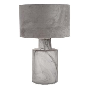 Wanda smoked glass table lamp with grey velvet shade on white background
