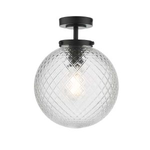 Wayne 1 light flush bathroom ceiling light in matt black with textured glass shade on white background