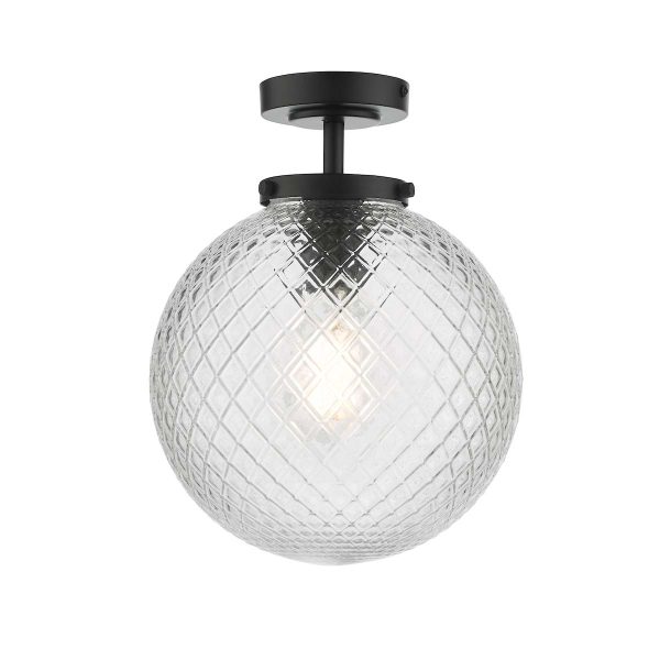 Wayne 1 light flush bathroom ceiling light in matt black with textured glass shade on white background