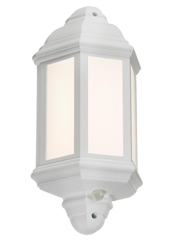 White polycarbonate outdoor PIR sensor wall lantern with manual override facility
