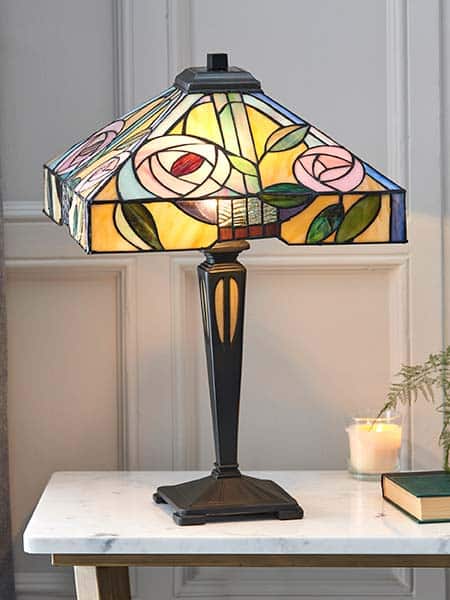Willow Macintosh rose design 2 light table lamp on lounge table lit