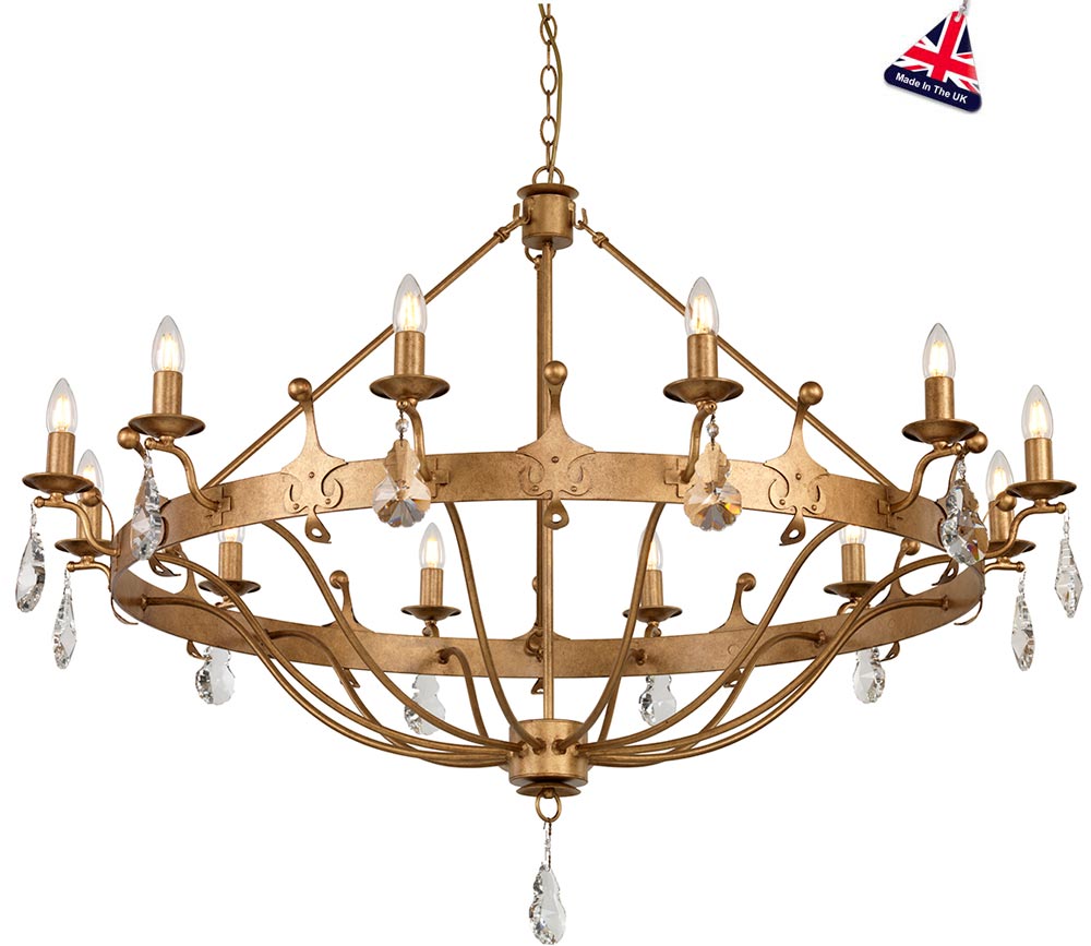 Elstead Windsor 12 Light Large Chandelier Gold Patina Crystal Drops