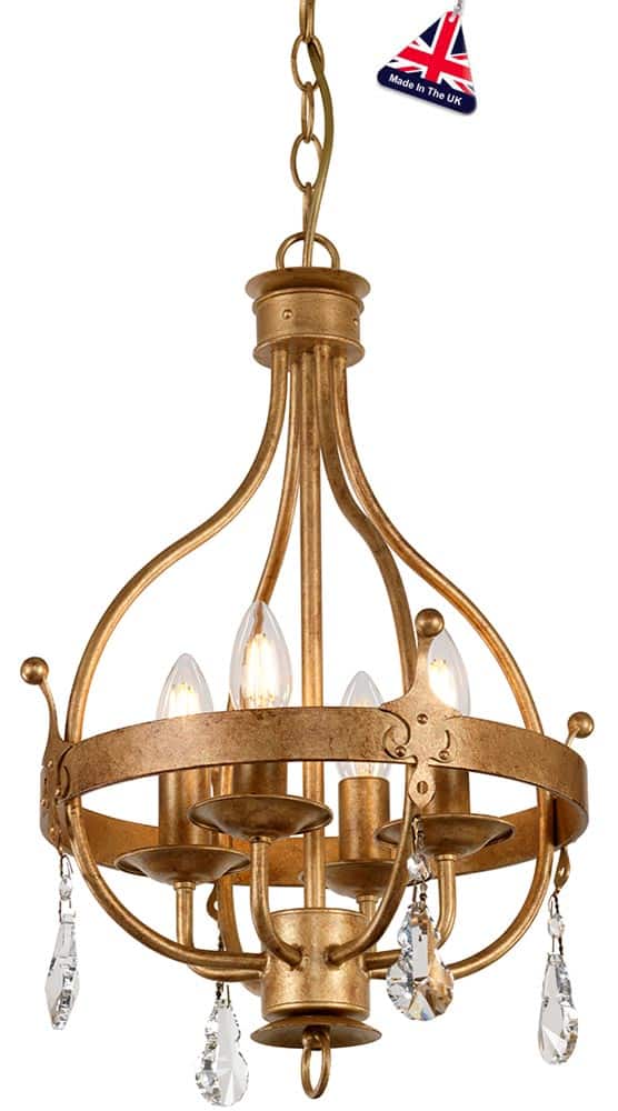 Elstead Windsor 4 Light Chandelier Pendant Gold Patina Crystal Drops