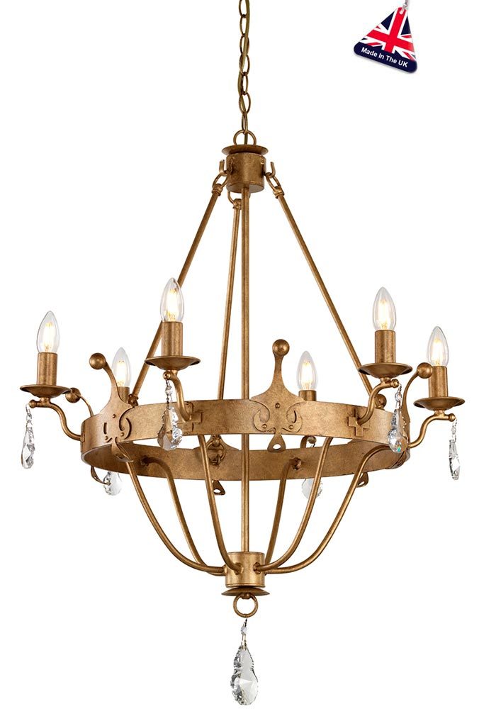 Elstead Windsor 6 Light Chandelier Gold Patina Crystal Drops British Elstead Windsor 6 Light Chandelier Gold Patina Crystal Drops British Made