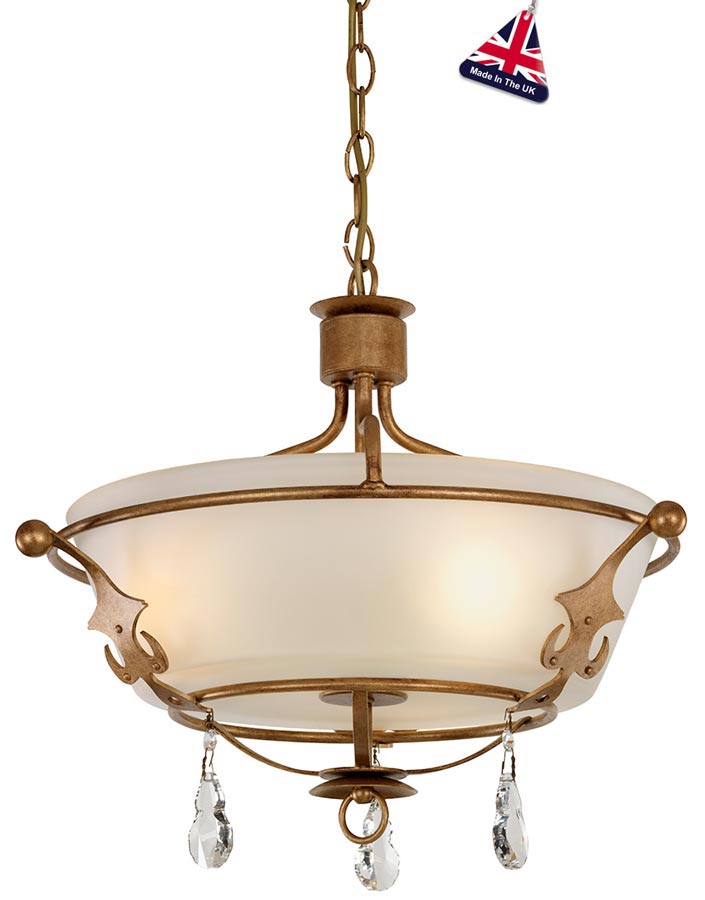 Elstead Windsor 3 Light Semi Flush Pendant Gold Patina Crystal Drops